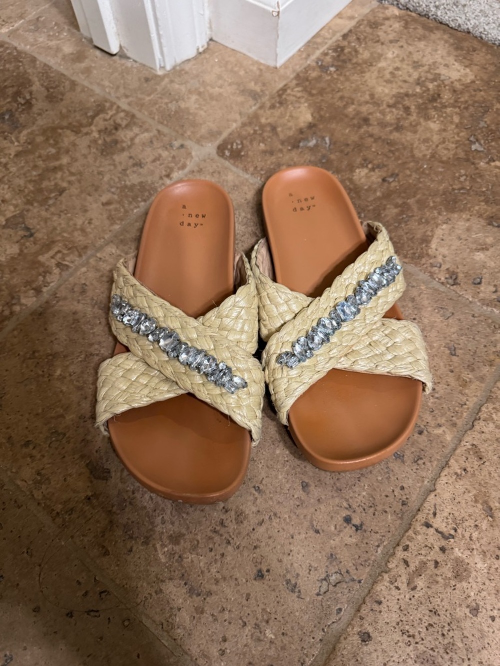 a new day Braided Crystal Crossband Slide Sandals in Natural Tan
